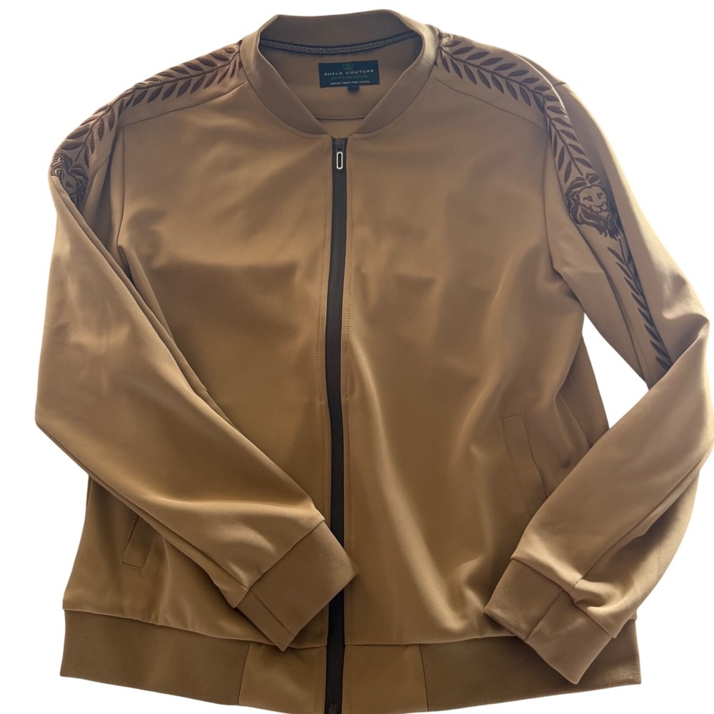 Suslo Couture Lion Laurel Greek Key Embroidered Bomber Jacket Tan Mens Large
